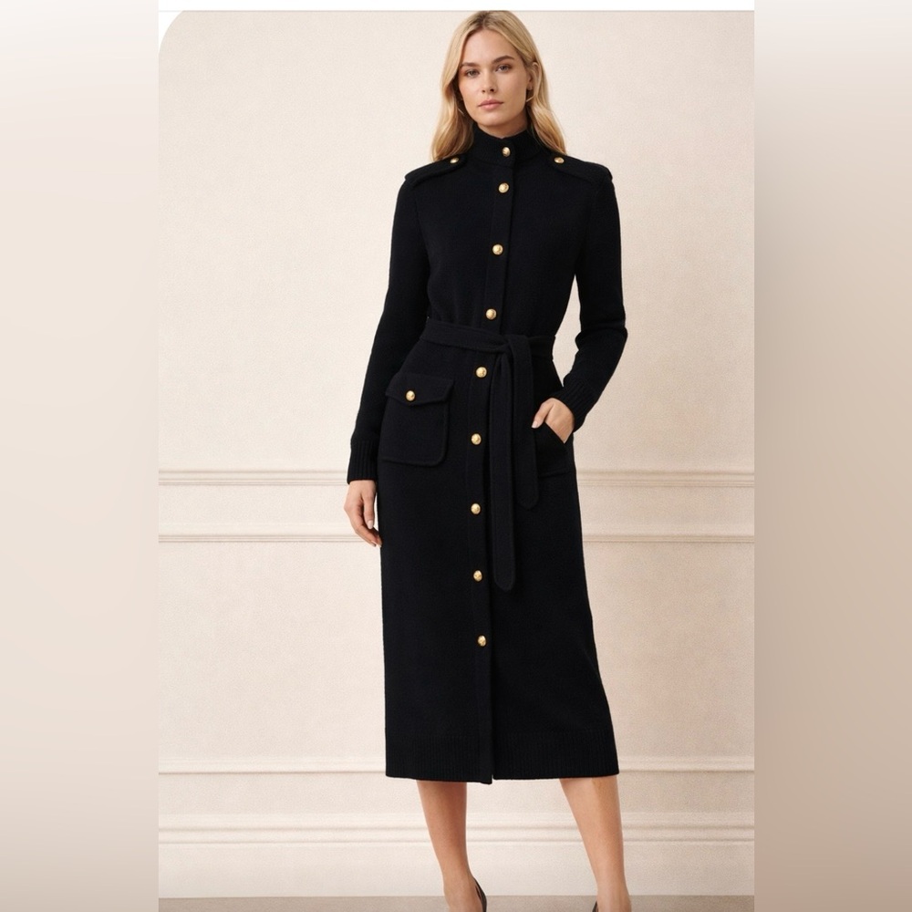 Tory Burch military style wool-sweater dress mid length black gold buttons